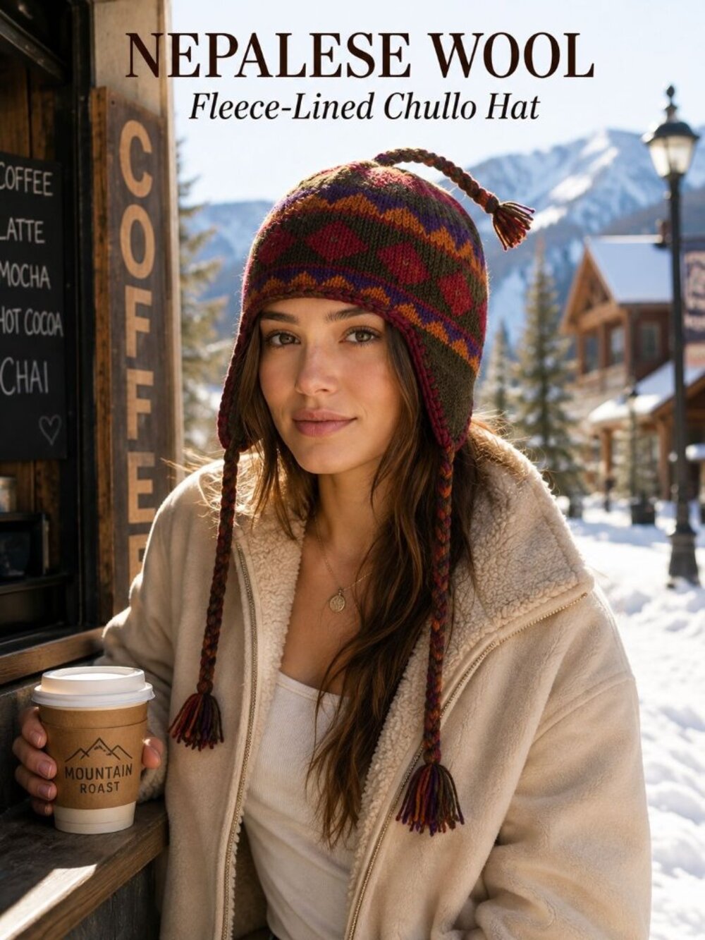 Nepalese 100% Wool Chullo Hat Fleece Lined Ear Flap Boho Hippie Multicolor
